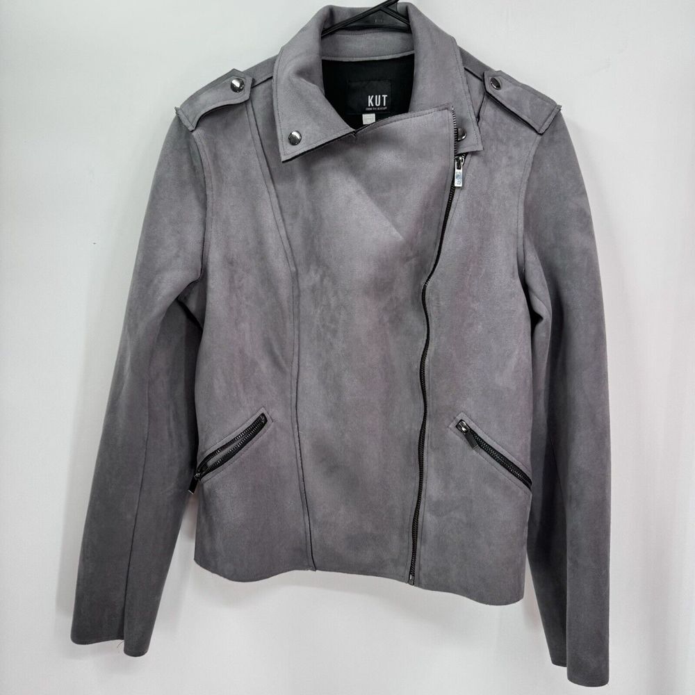 Kut from the Kloth M Moto Jacket Womens Grey Faux Suede Asymmetrical Zip KJ32101